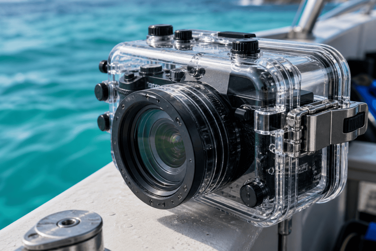 Caisson étanche protégeant un appareil photo sous l’eau