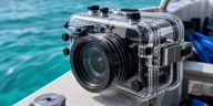 Caisson étanche protégeant un appareil photo sous l’eau