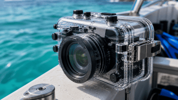 Caisson étanche protégeant un appareil photo sous l’eau