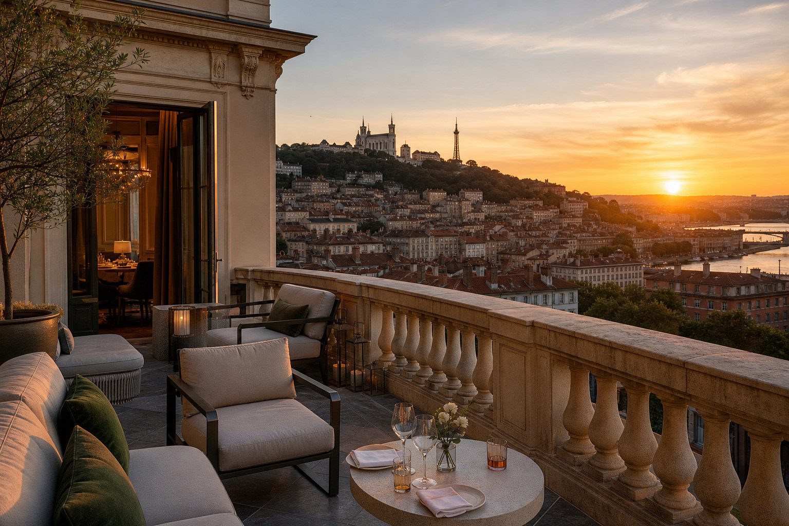Terrasse d’un hôtel 5 étoiles à Lyon avec vue sur Fourvière