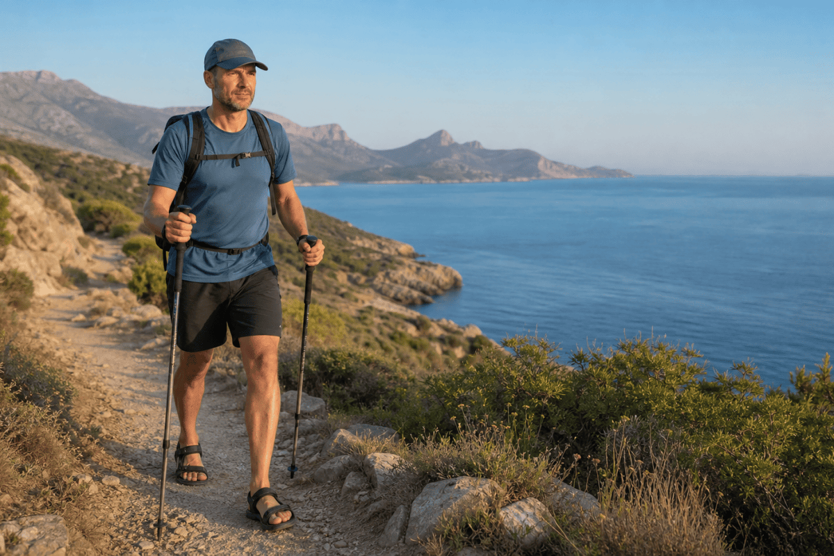 Randonneur marchant en sandales sur un sentier naturel