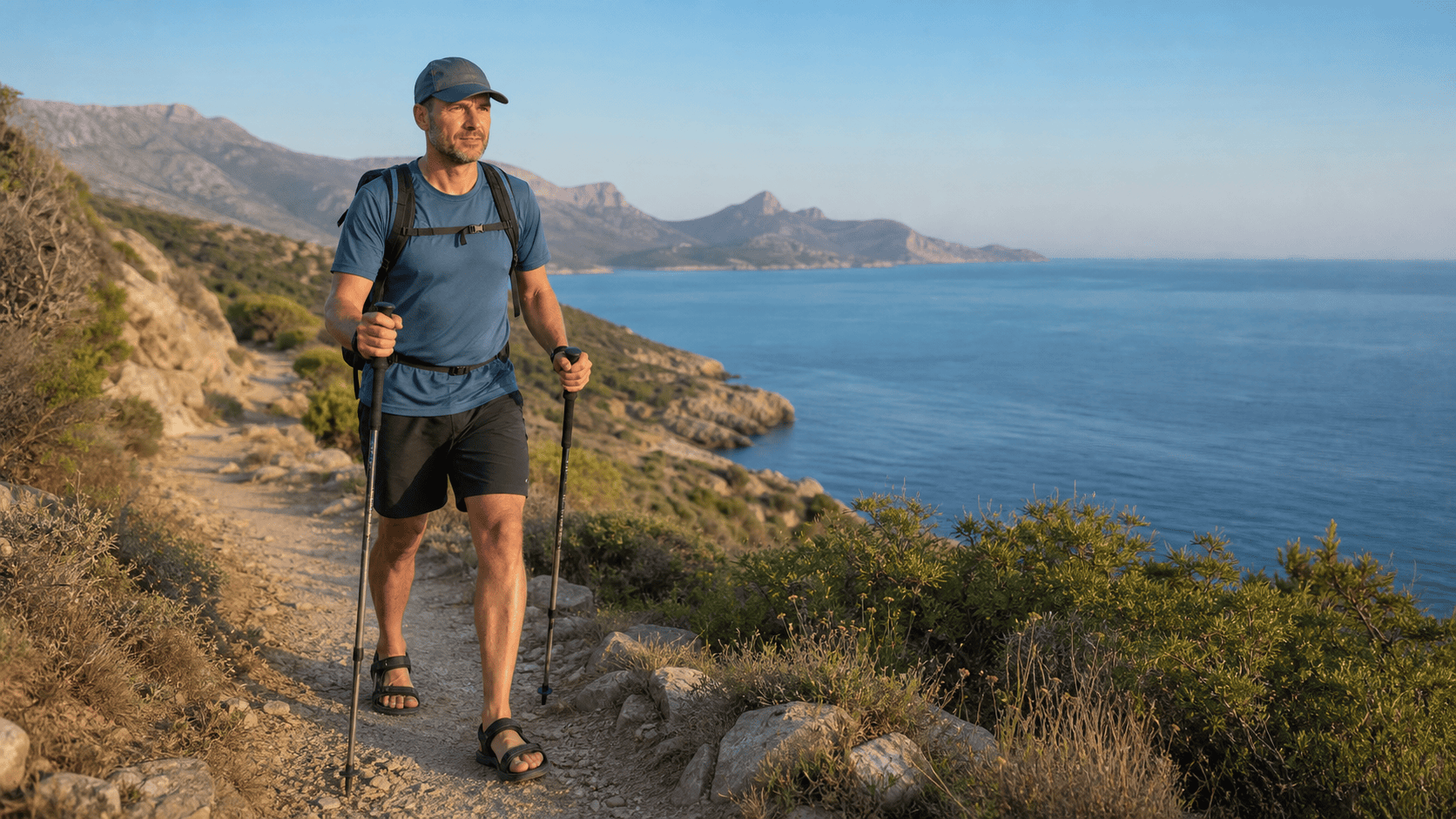 Randonneur marchant en sandales sur un sentier naturel