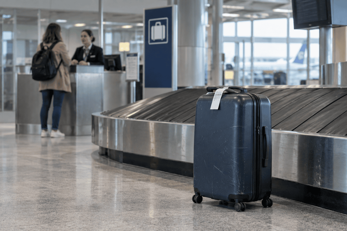 Valise retardée près d’un tapis à bagages dans un aéroport