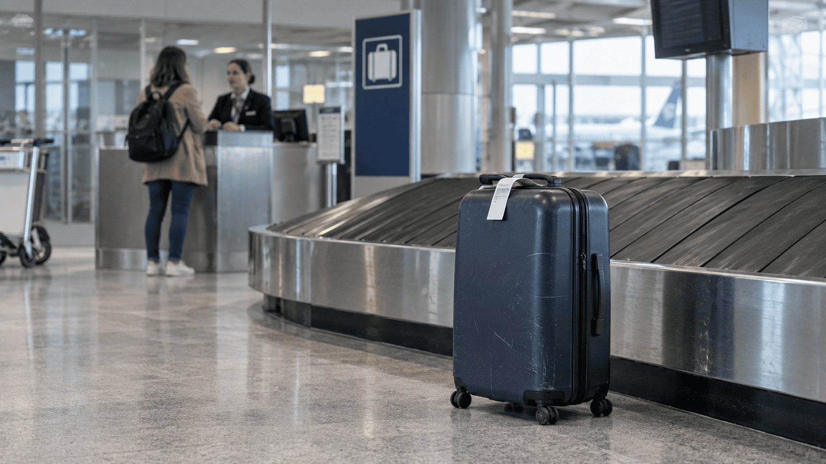 Valise retardée près d’un tapis à bagages dans un aéroport