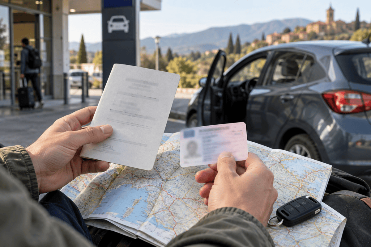 Voyageur vérifiant son permis français et son permis international avant un road trip