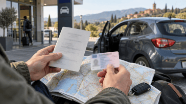 Voyageur vérifiant son permis français et son permis international avant un road trip