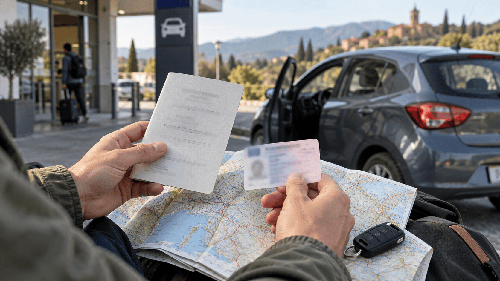 Voyageur vérifiant son permis français et son permis international avant un road trip