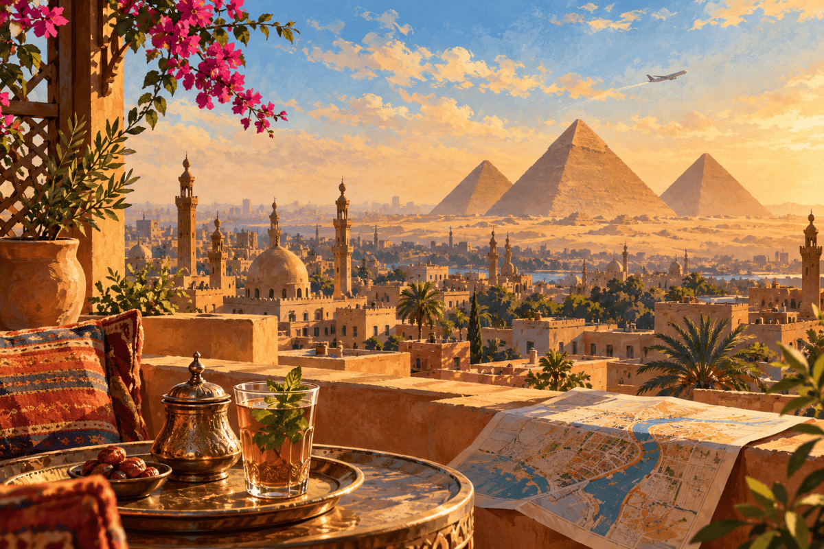 Illustration évocatrice du Caire et des pyramides de Gizeh dans une lumière dorée