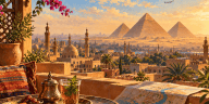 Illustration évocatrice du Caire et des pyramides de Gizeh dans une lumière dorée