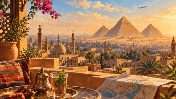 Illustration évocatrice du Caire et des pyramides de Gizeh dans une lumière dorée
