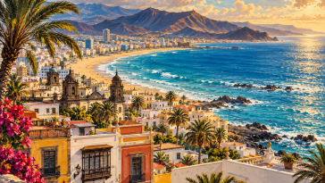 Illustration évocatrice de Las Palmas, d’une plage atlantique et de reliefs volcaniques