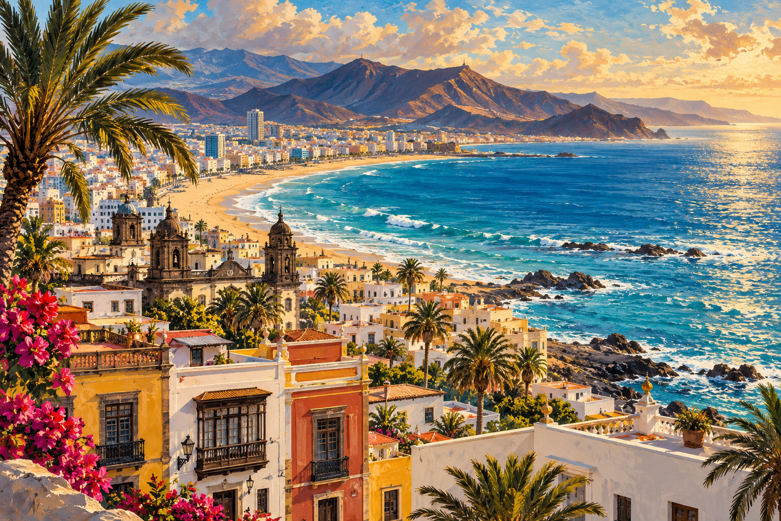 Illustration évocatrice de Las Palmas, d’une plage atlantique et de reliefs volcaniques