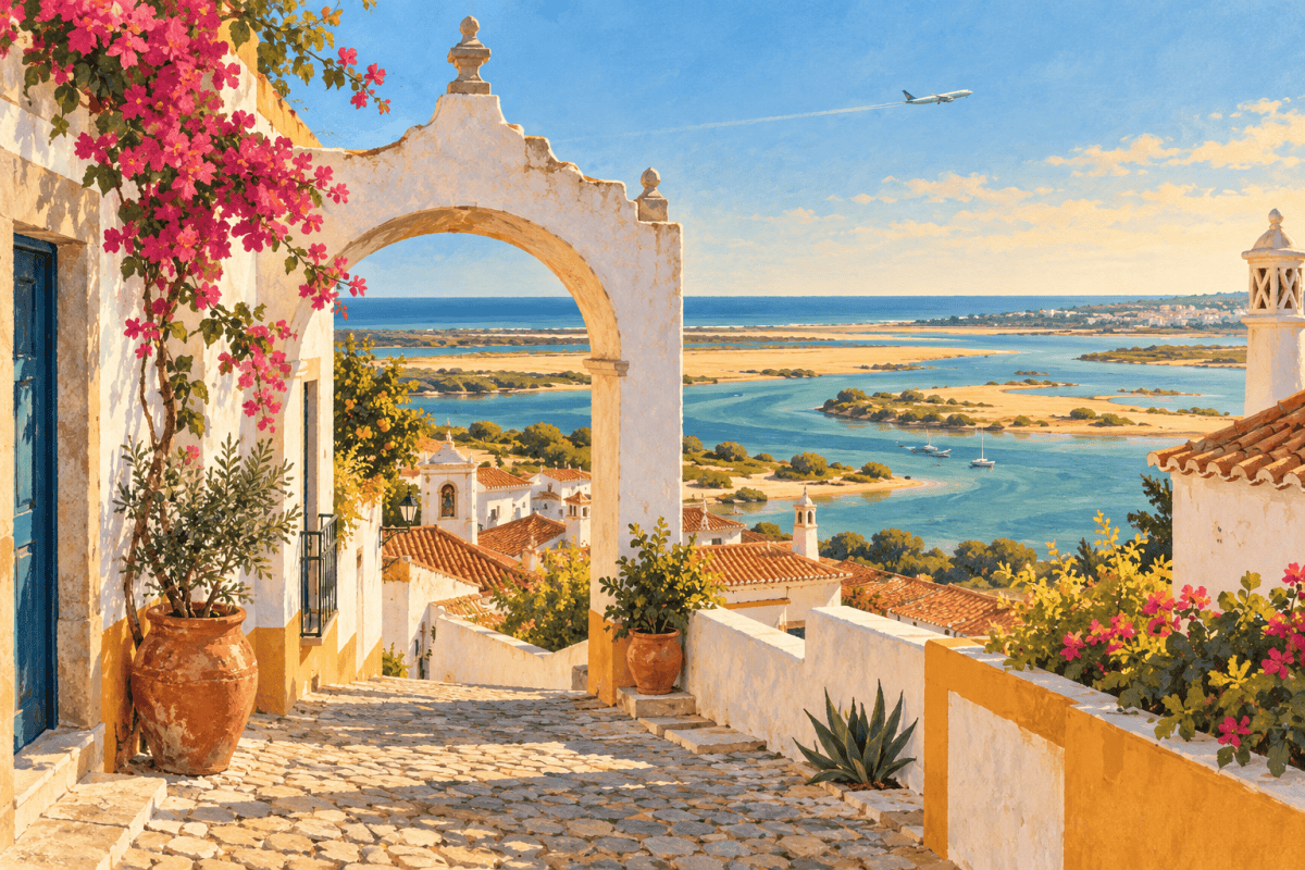 Illustration d’une ville de l’Algarve ouverte sur une lagune et des îles de sable