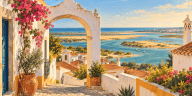 Illustration d’une ville de l’Algarve ouverte sur une lagune et des îles de sable
