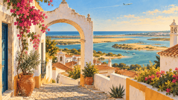 Illustration d’une ville de l’Algarve ouverte sur une lagune et des îles de sable