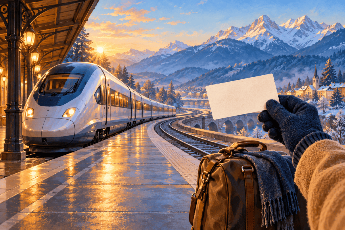 Illustration d’un train sans marque dans une gare de montagne en hiver