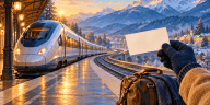 Illustration d’un train sans marque dans une gare de montagne en hiver