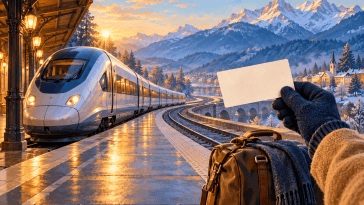Illustration d’un train sans marque dans une gare de montagne en hiver