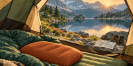 Illustration d’un couchage et d’un oreiller générique dans une tente face à un lac