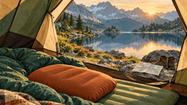 Illustration d’un couchage et d’un oreiller générique dans une tente face à un lac