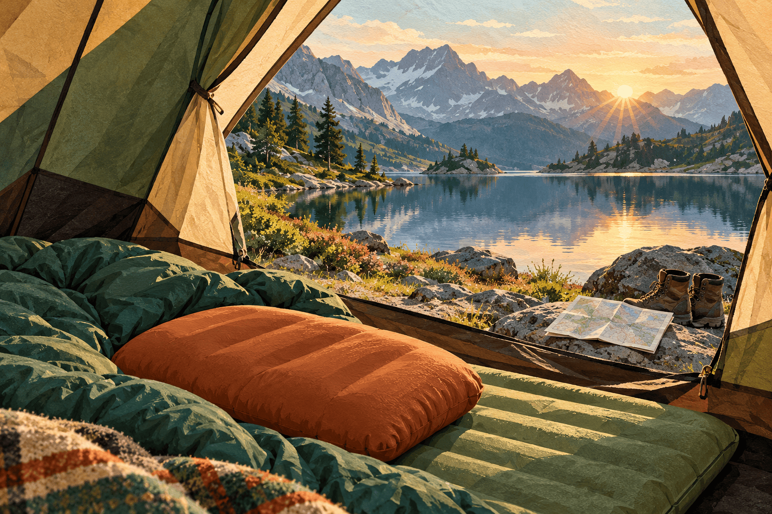 Illustration d’un couchage et d’un oreiller générique dans une tente face à un lac