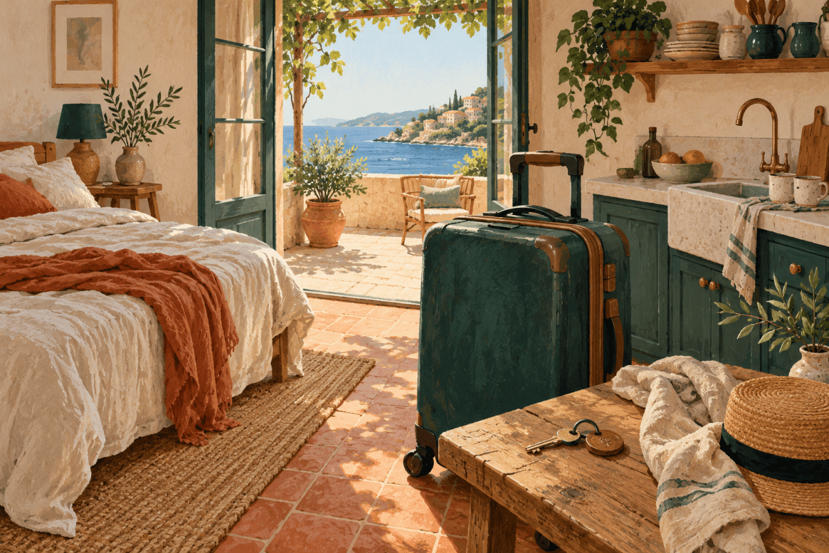 Illustration d’un départ de location de vacances avec une valise, des clés et une cuisine