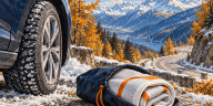 Illustration d’un pneu de voiture et de chaussettes à neige devant un paysage de montagne
