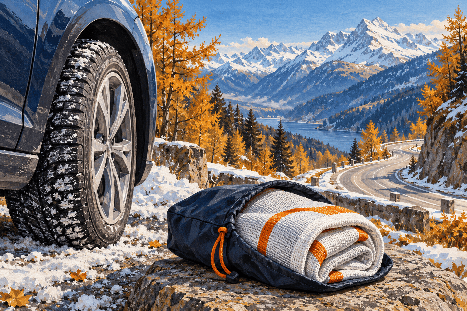 Illustration d’un pneu de voiture et de chaussettes à neige devant un paysage de montagne