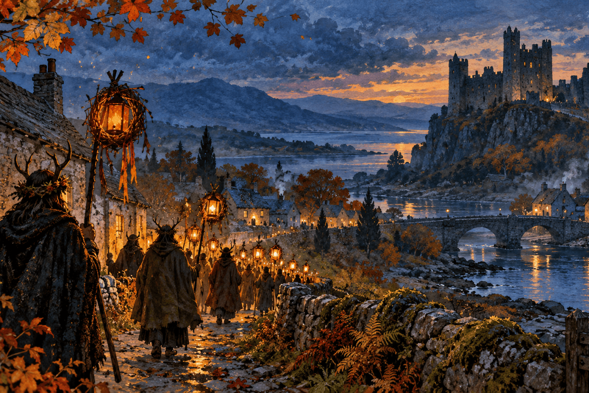 Illustration imaginaire d’une procession aux lanternes près d’un château irlandais à Halloween