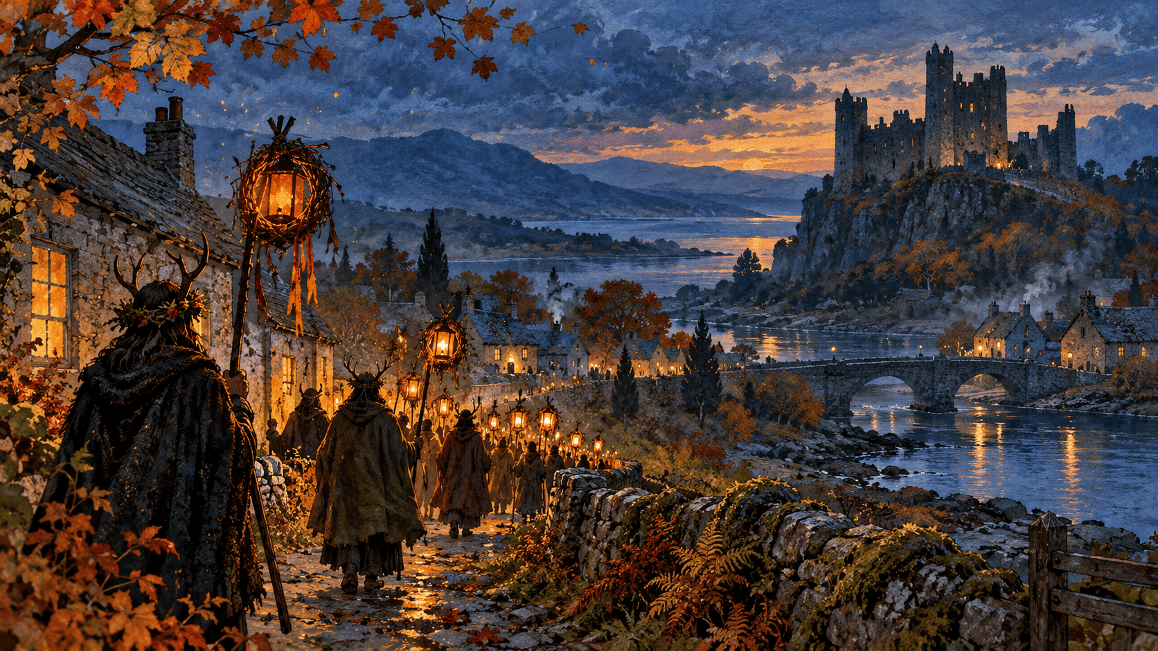 Illustration imaginaire d’une procession aux lanternes près d’un château irlandais à Halloween