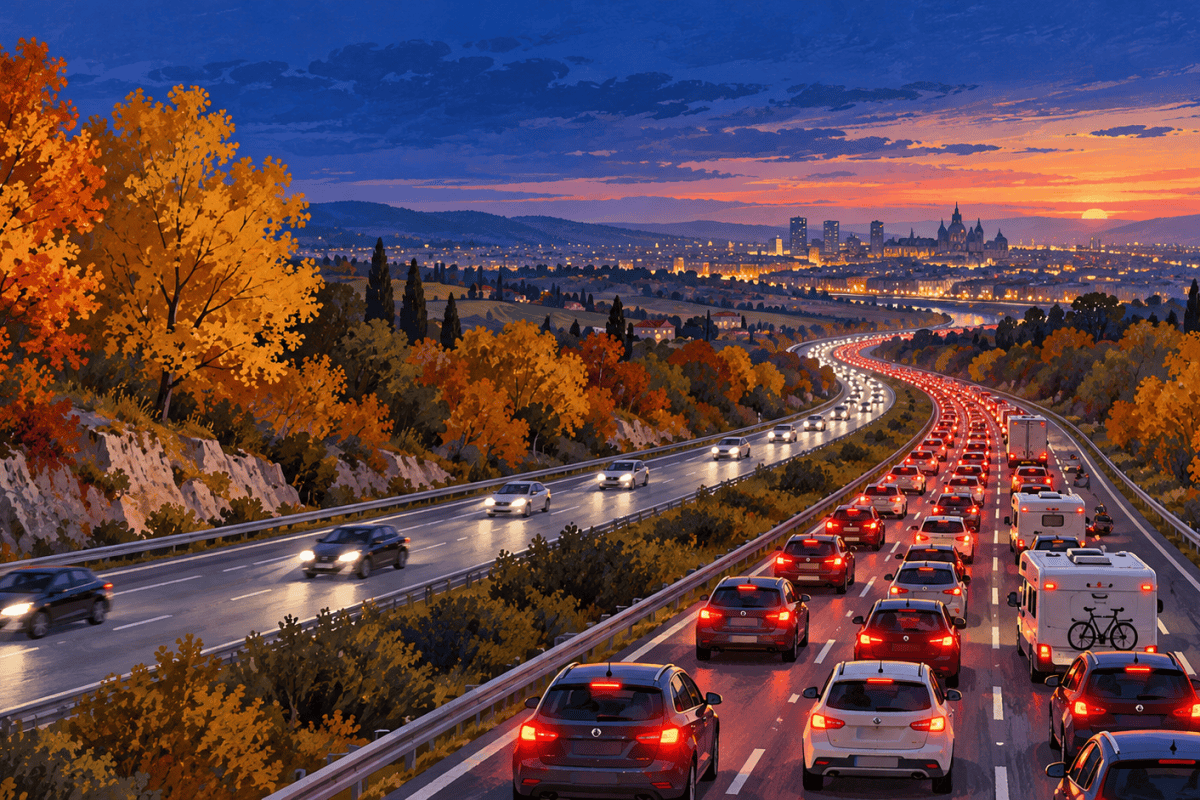 Illustration d’une file de voitures au retour des vacances sur une autoroute bordée d’arbres d’automne