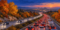 Illustration d’une file de voitures au retour des vacances sur une autoroute bordée d’arbres d’automne