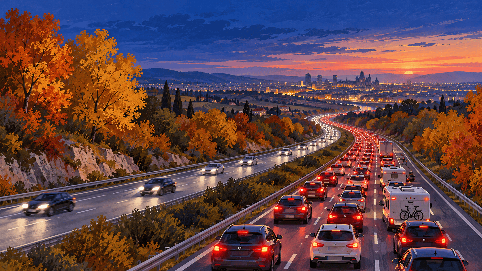 Illustration d’une file de voitures au retour des vacances sur une autoroute bordée d’arbres d’automne