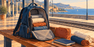 Illustration d’un sac de voyage générique ouvert dans une gare face à la mer