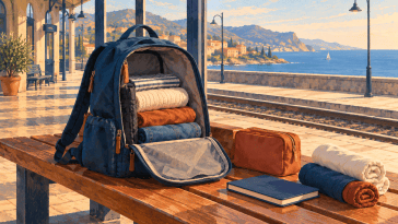 Illustration d’un sac de voyage générique ouvert dans une gare face à la mer