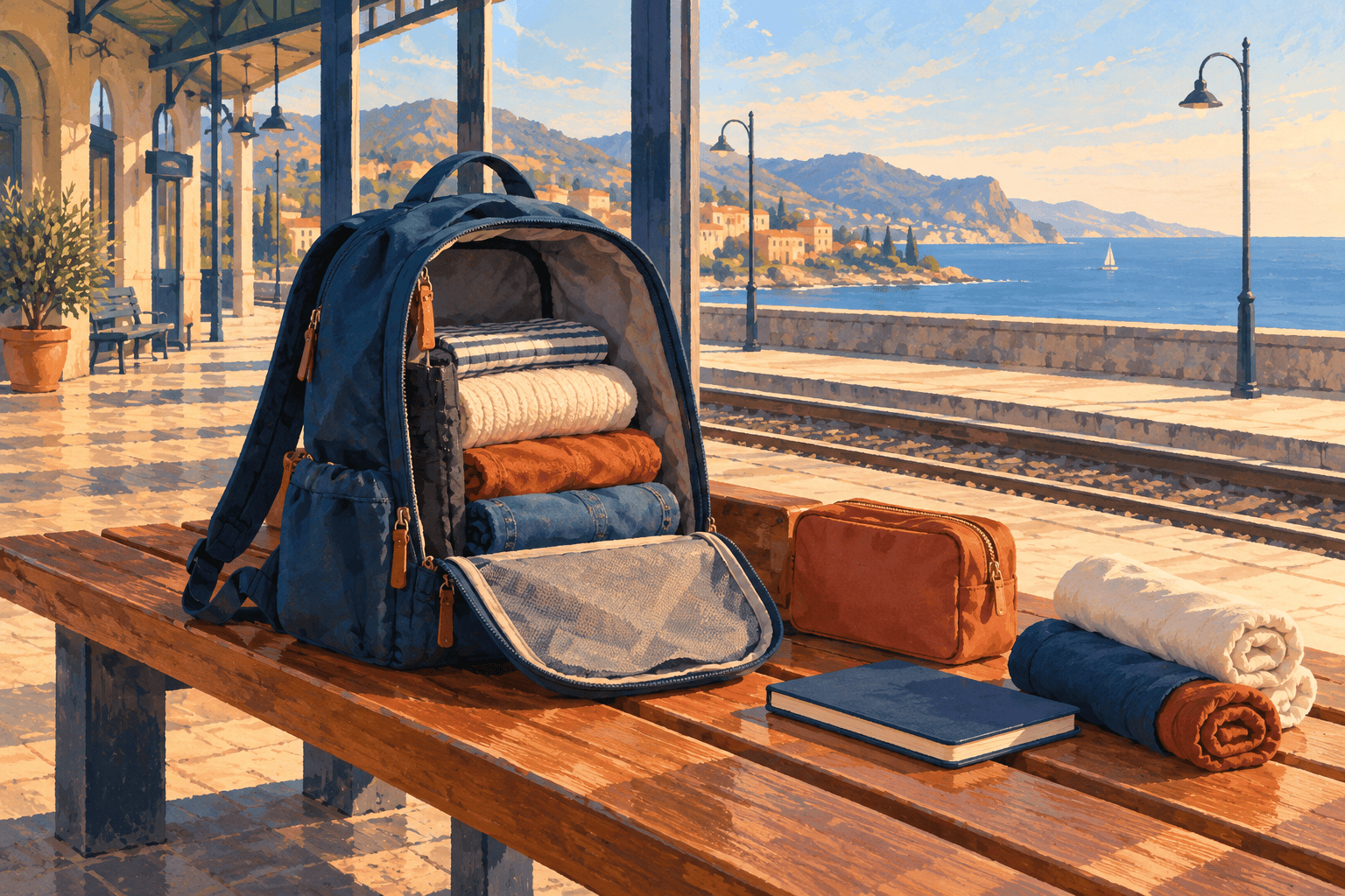 Illustration d’un sac de voyage générique ouvert dans une gare face à la mer